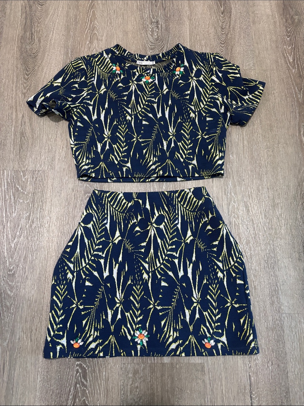 Zara Navy Top with Lime Leaf Print and Jewel Accents